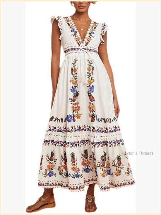 Dresses & Skirts - V Neck Cap Sleeve Maxi Dress Fruit Floral Print Elastic Waist Summer Casual